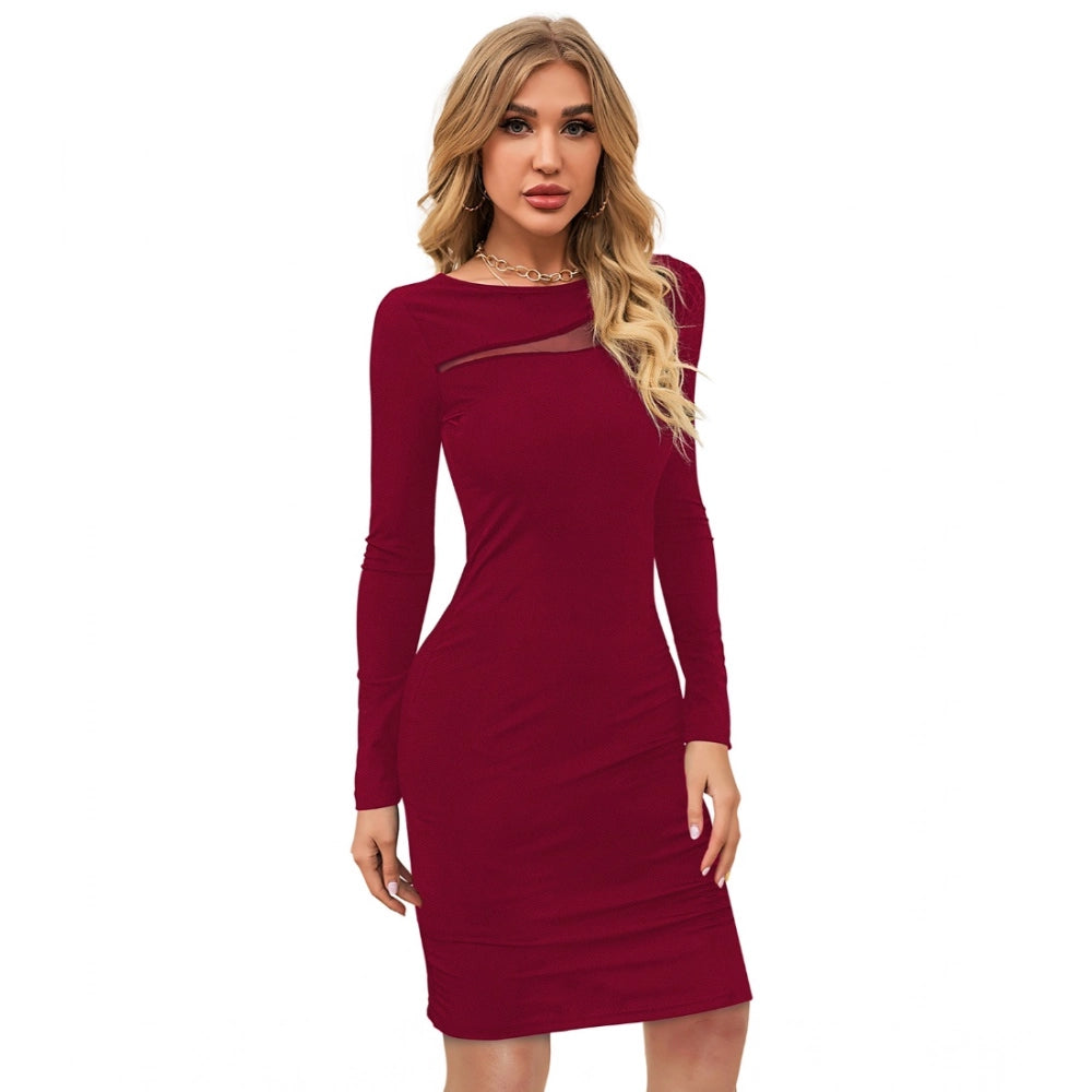 Snuggle Spot Women's Knitting stretchable Solid Round Neck Full Sleeve Dress (Maroon)