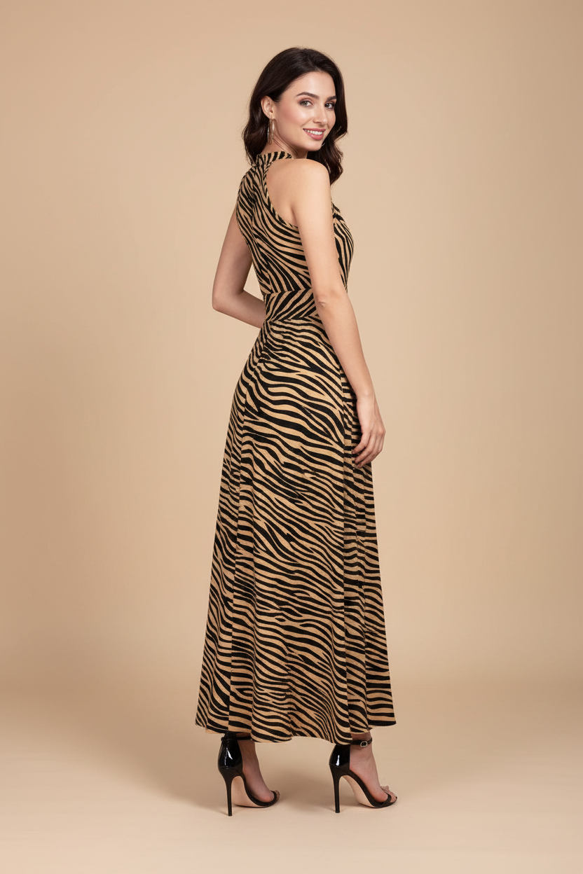 Snuggle Spot Women's Polyester Zebra Pattern Halter Neck Sleeveless Dress (Yellow)