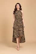 Snuggle Spot Women's Polyester Zebra Pattern Halter Neck Sleeveless Dress (Yellow)