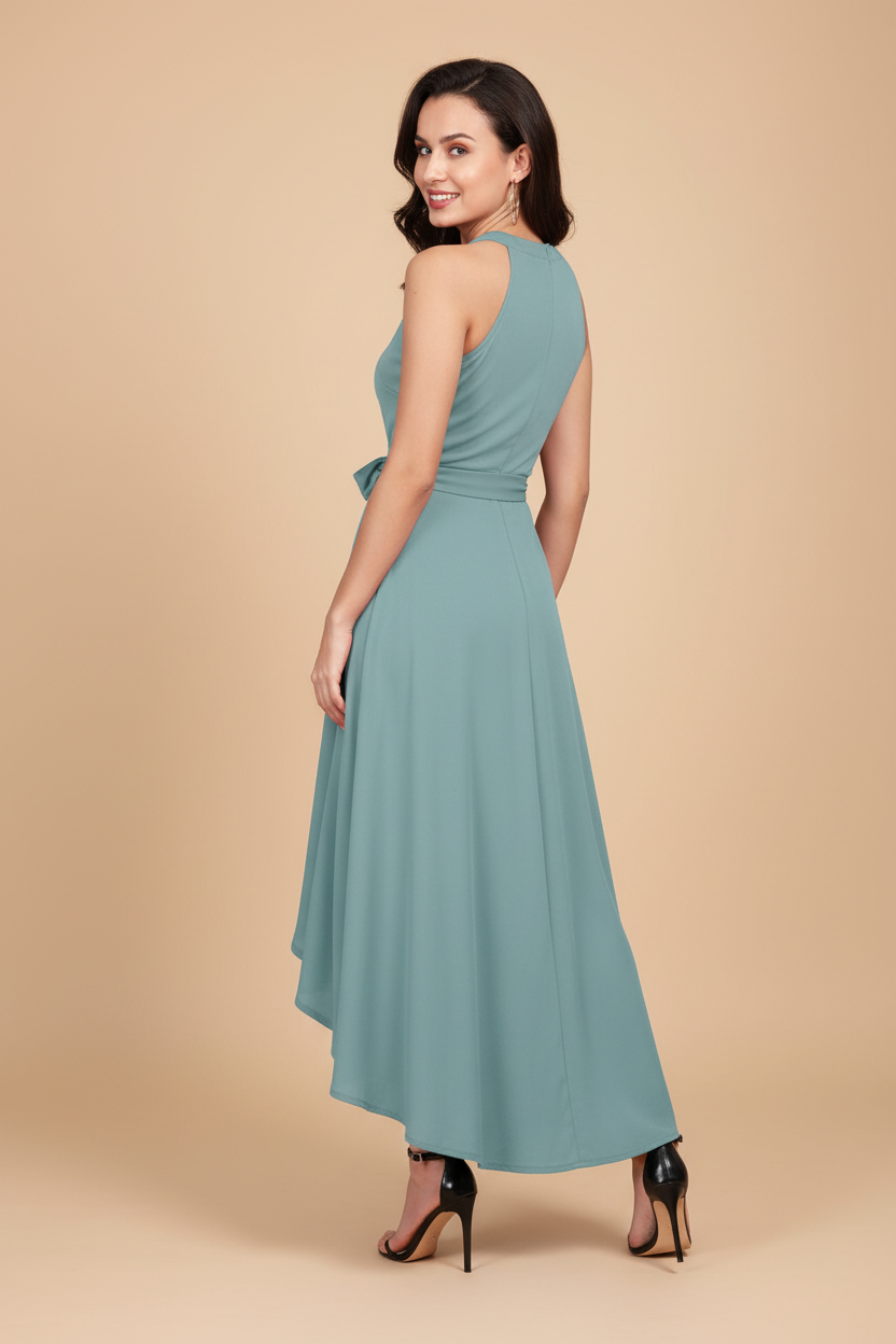 Snuggle Spot Women's Polyester Solid Halter Neck Sleeveless Dress (Pista)