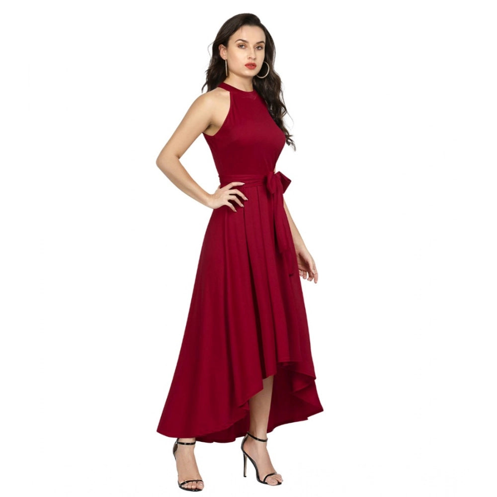Snuggle Spot Women's Polyster Solid Halter Neck Sleeveless Dress (Maroon)