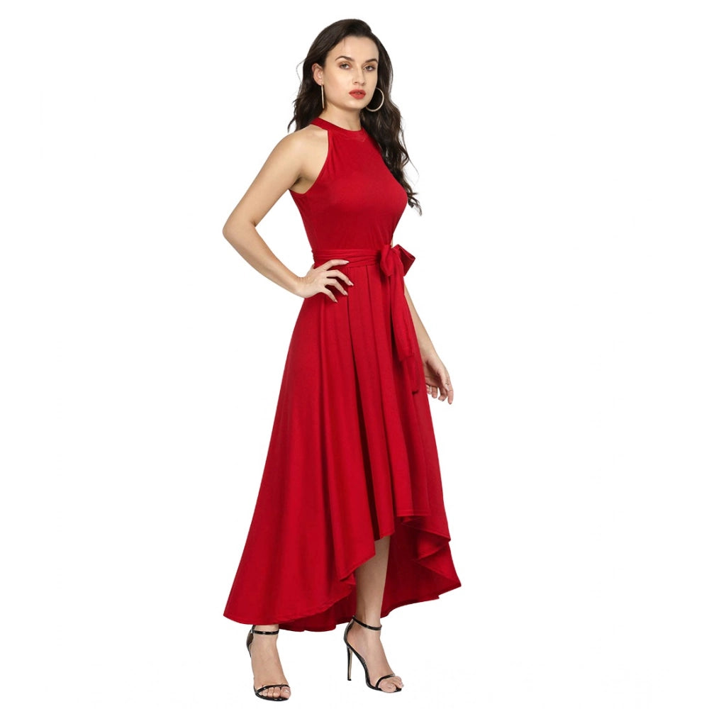 Snuggle Spot Women's Polyster Solid Halter Neck Sleeveless Dress (Red)