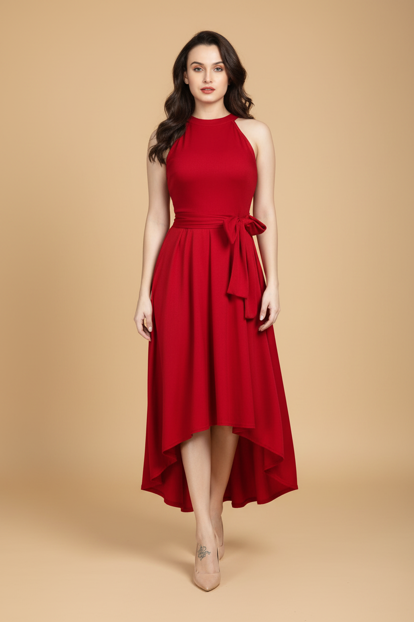 Snuggle Spot Women's Polyster Solid Halter Neck Sleeveless Dress (Red)