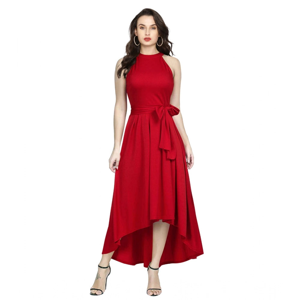 Snuggle Spot Women's Polyster Solid Halter Neck Sleeveless Dress (Red)