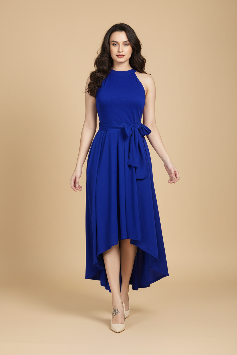 Snuggle Spot Women's Polyster Solid Halter Neck Sleeveless Dress (Royal Blue)