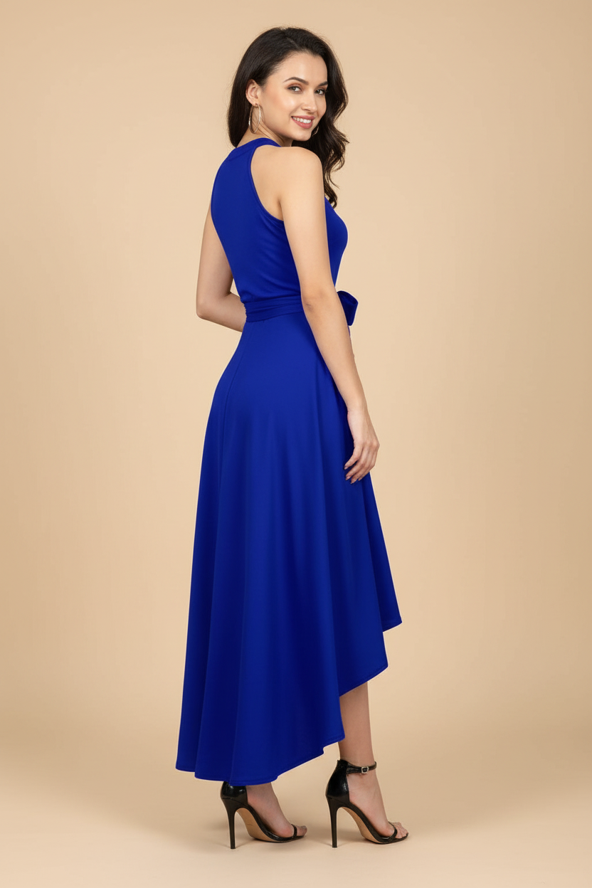 Snuggle Spot Women's Polyster Solid Halter Neck Sleeveless Dress (Royal Blue)