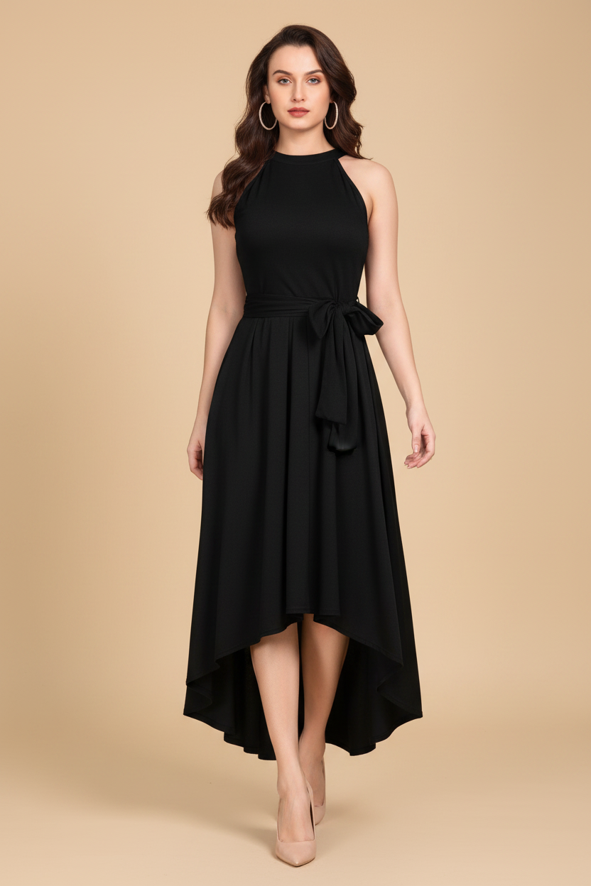 Snuggle Spot Women's Polyster Solid Halter Neck Sleeveless Dress (Black)