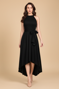 Snuggle Spot Women's Polyster Solid Halter Neck Sleeveless Dress (Black)