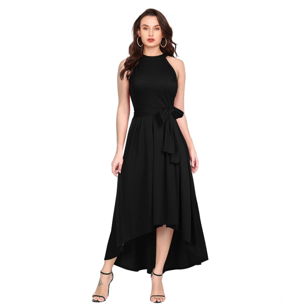 Snuggle Spot Women's Polyster Solid Halter Neck Sleeveless Dress (Black)
