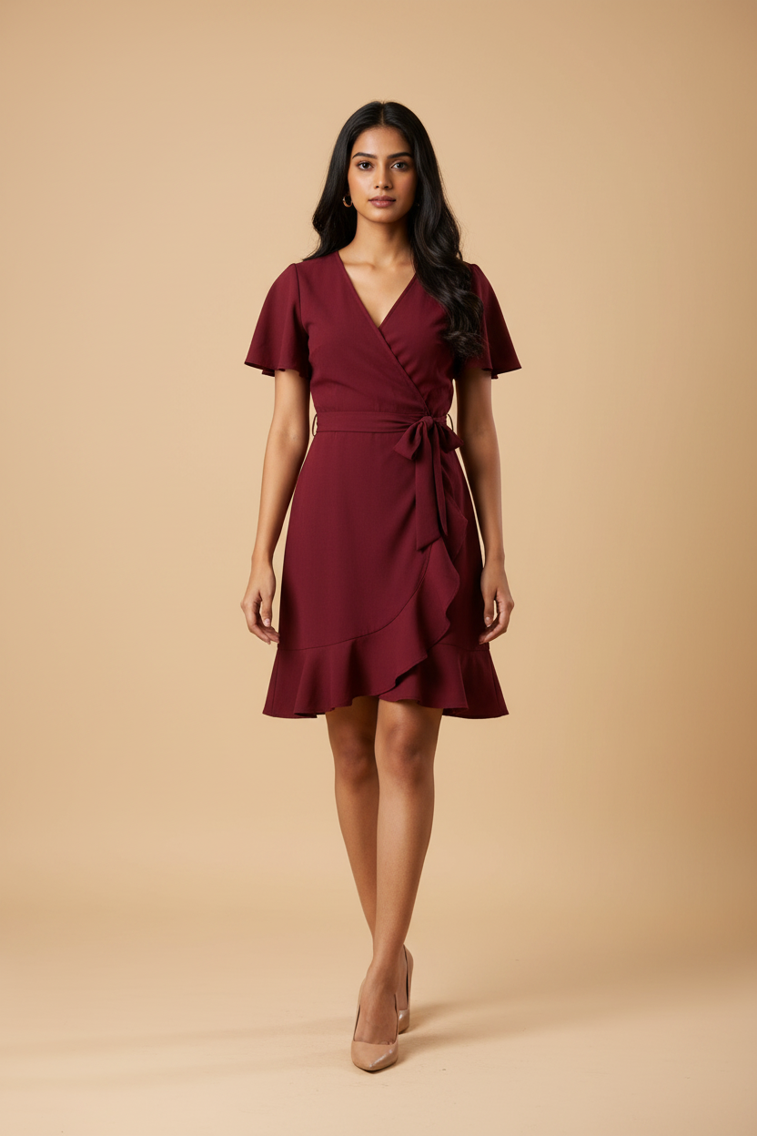 Snuggle Spot Women's Knitting stretchable Solid V Neck Flaired Sleeve Dress (Maroon )