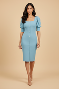 Snuggle Spot Women's Knitting stretchable Solid Square Neck 3-4 Puff Sleeve Dress (Pista)