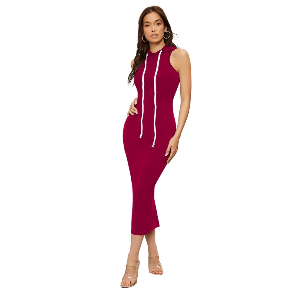 Snuggle Spot Women's Knitting stretchable Solid Round Neck Sleeveless Dress (Maroon)