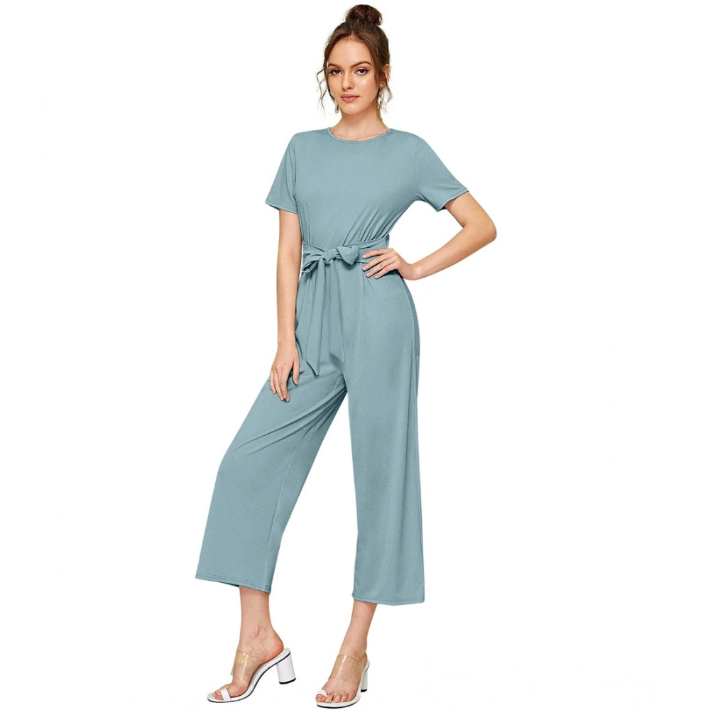Snuggle Spot Women's Knitting stretchable Solid Round Neck Cap Sleeve Jumpsuit (Pista )