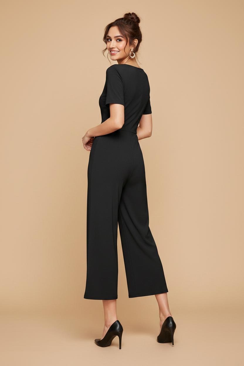 Snuggle Spot Women's Knitting stretchable Solid Round Neck Cap Sleeve Jumpsuit (Black)