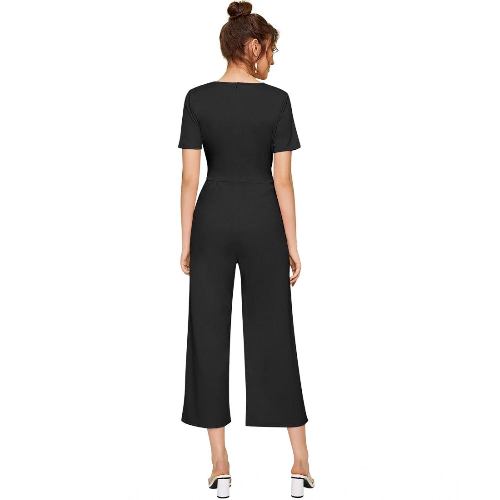 Snuggle Spot Women's Knitting stretchable Solid Round Neck Cap Sleeve Jumpsuit (Black)
