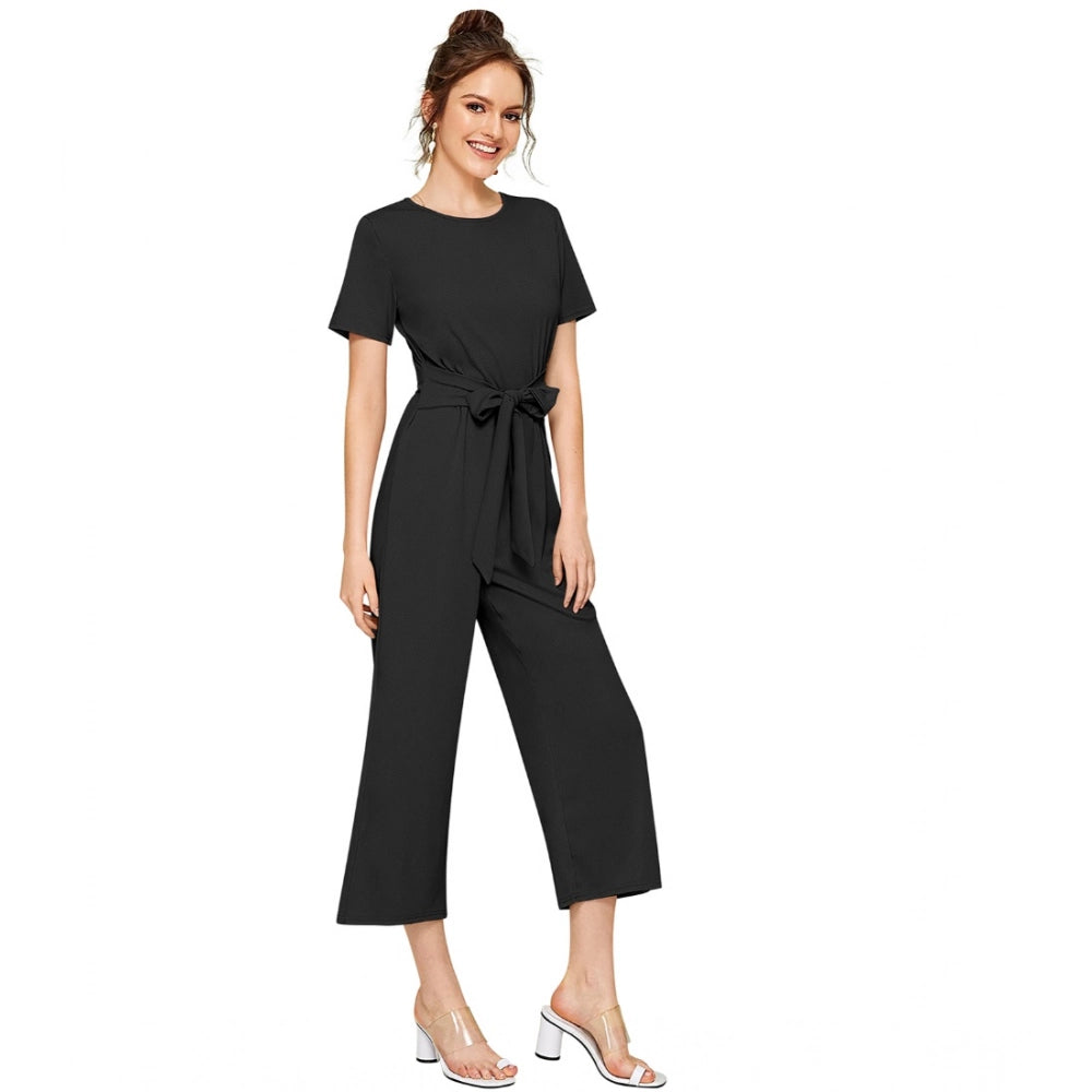 Snuggle Spot Women's Knitting stretchable Solid Round Neck Cap Sleeve Jumpsuit (Black)
