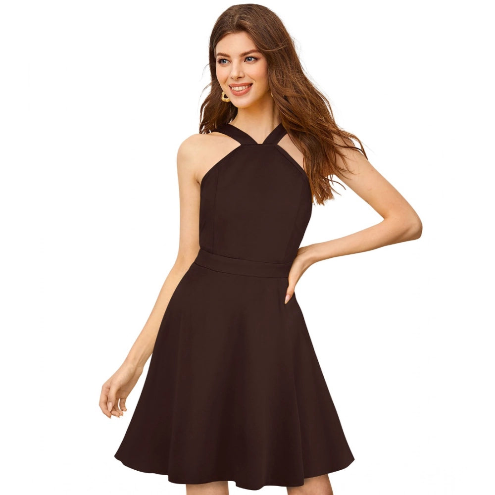 Snuggle Spot Women's Knitting stretchable Solid Halter Neck Sleeveless Dress (Coffee)