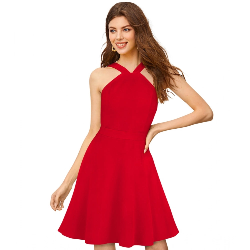 Snuggle Spot Women's Knitting stretchable Solid Halter Neck Sleeveless Dress (Red )
