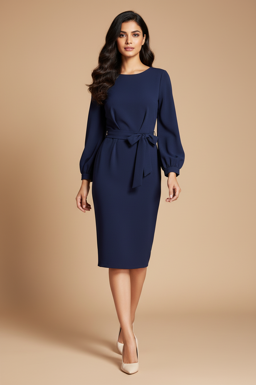 Snuggle Spot Women's Knitting stretchable Solid Round Neck Full Sleeve Dress (Blue)