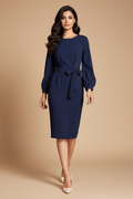 Snuggle Spot Women's Knitting stretchable Solid Round Neck Full Sleeve Dress (Blue)