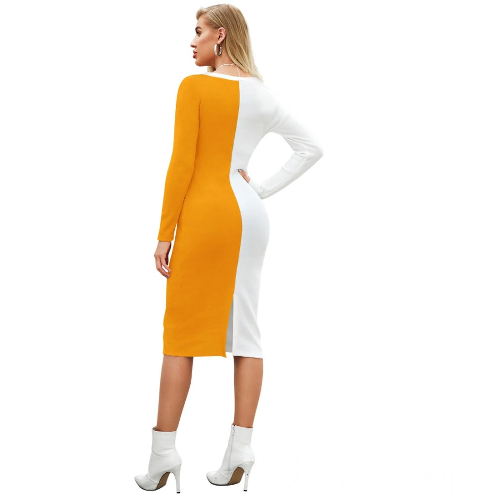 Snuggle Spot Women's Knitting stretchable Solid Round Neck Full Sleeve Dress (Yellow)