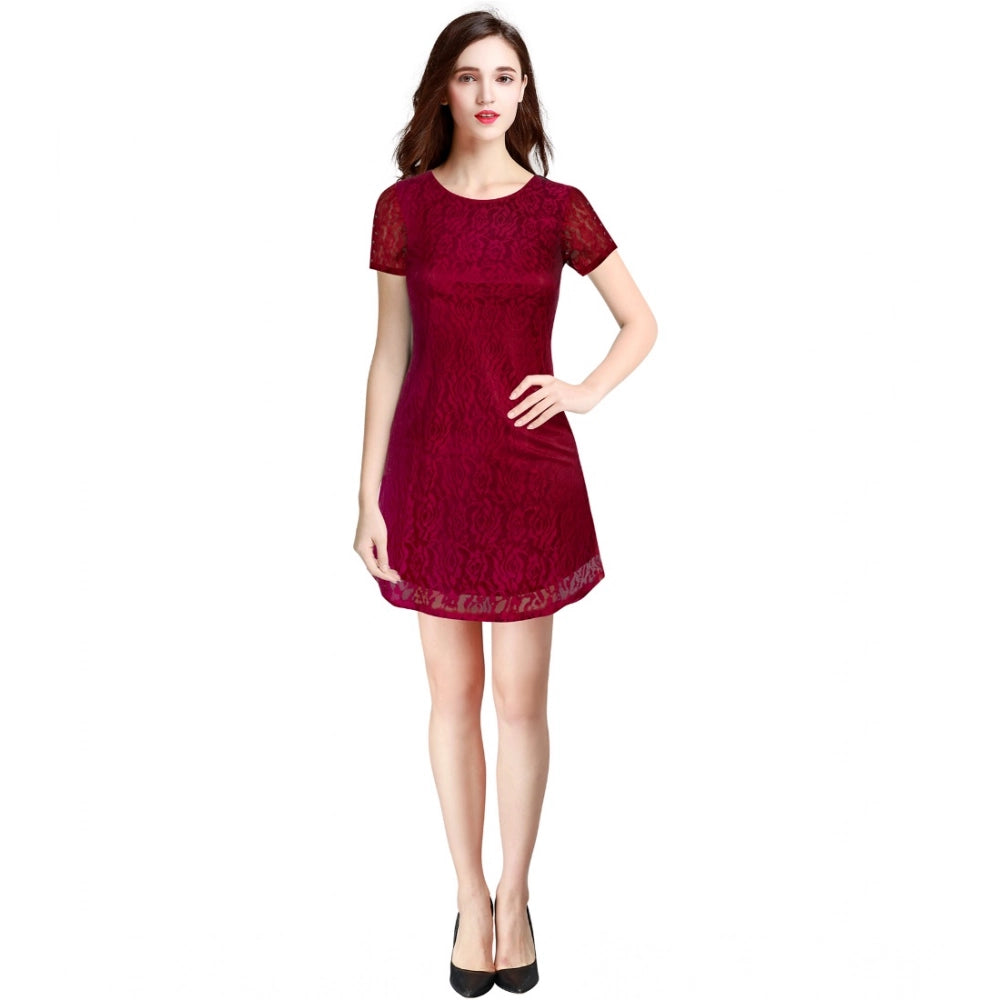 Snuggle Spot Women's Rasal Solid Round Neck Cap Sleeve Dress (Maroon)