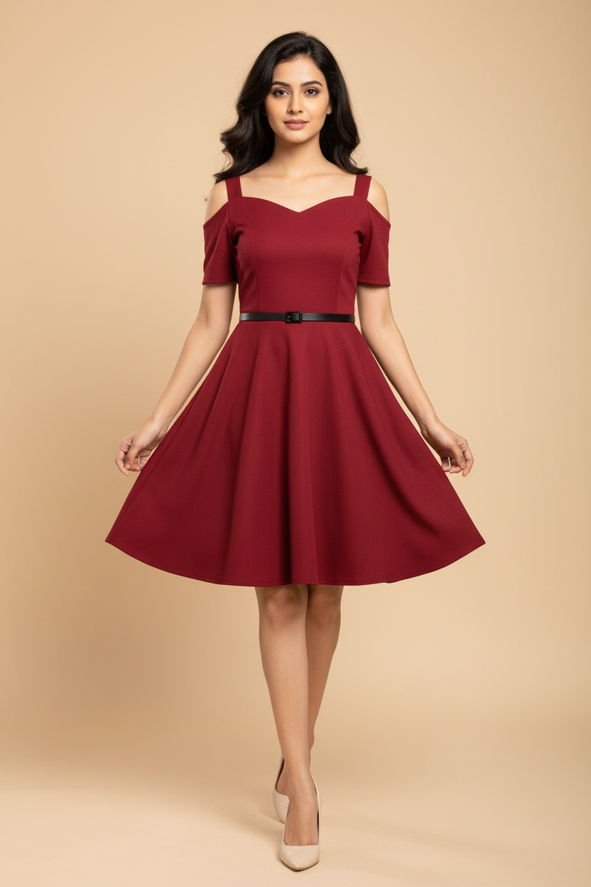 Snuggle Spot Women's Polyester Solid V Neck Cap Sleeve Dress (Maroon)