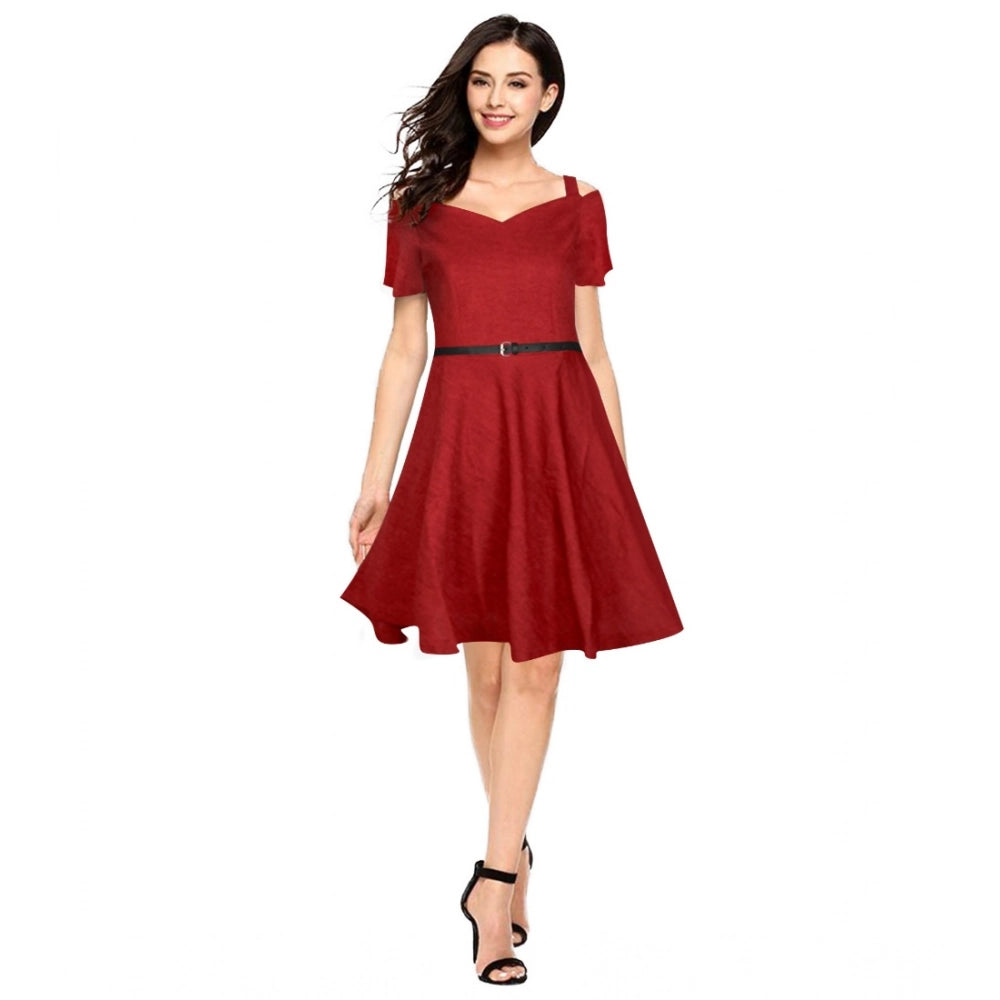 Snuggle Spot Women's Polyester Solid V Neck Cap Sleeve Dress (Maroon)