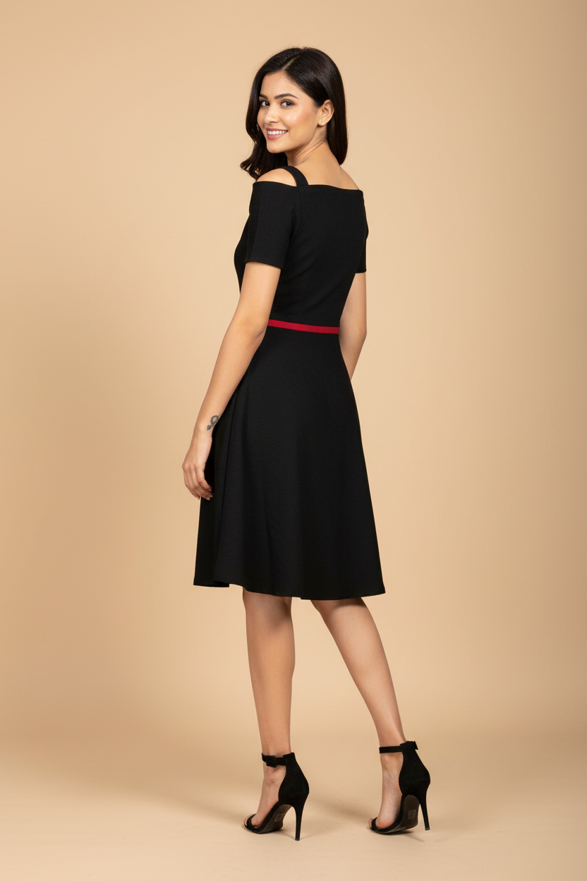 Snuggle Spot Women's Polyester Solid V Neck Cap Sleeve Dress (Black)