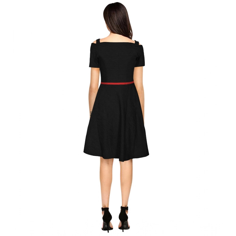 Snuggle Spot Women's Polyester Solid V Neck Cap Sleeve Dress (Black)