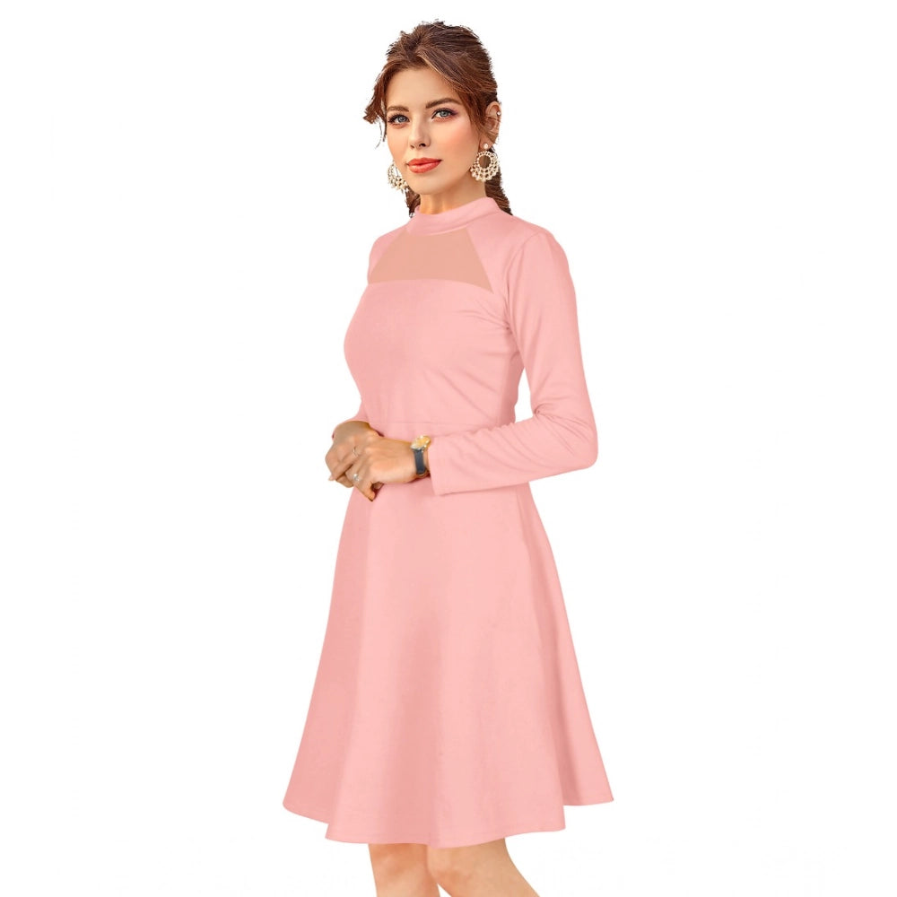 Snuggle Spot Women's Knitting stretchable Solid Round Neck Full Sleeve Dress (Peach)