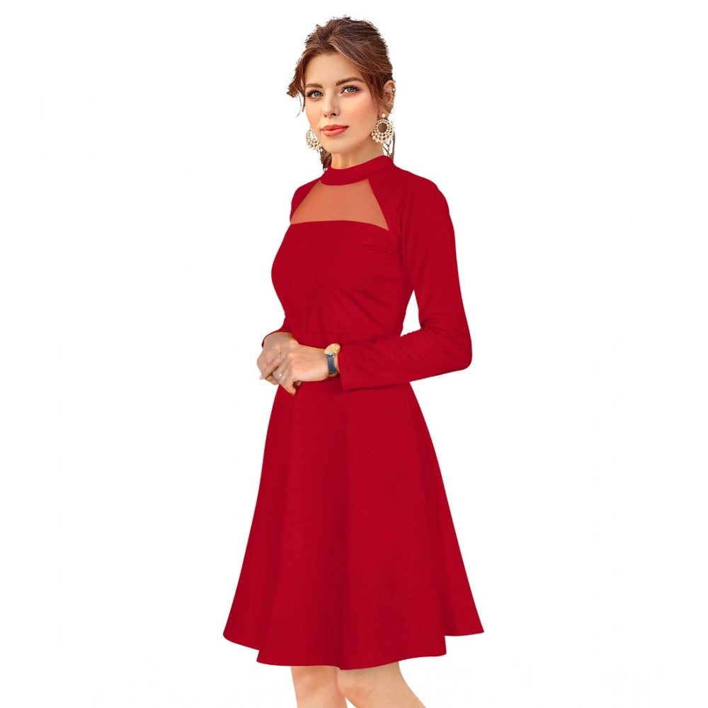 Snuggle Spot Women's Knitting stretchable Solid Round Neck Full Sleeve Dress (Red)