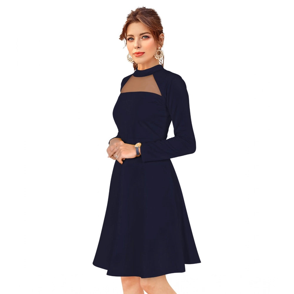 Snuggle Spot Women's Knitting stretchable Solid Round Neck Full Sleeve Dress (Blue)