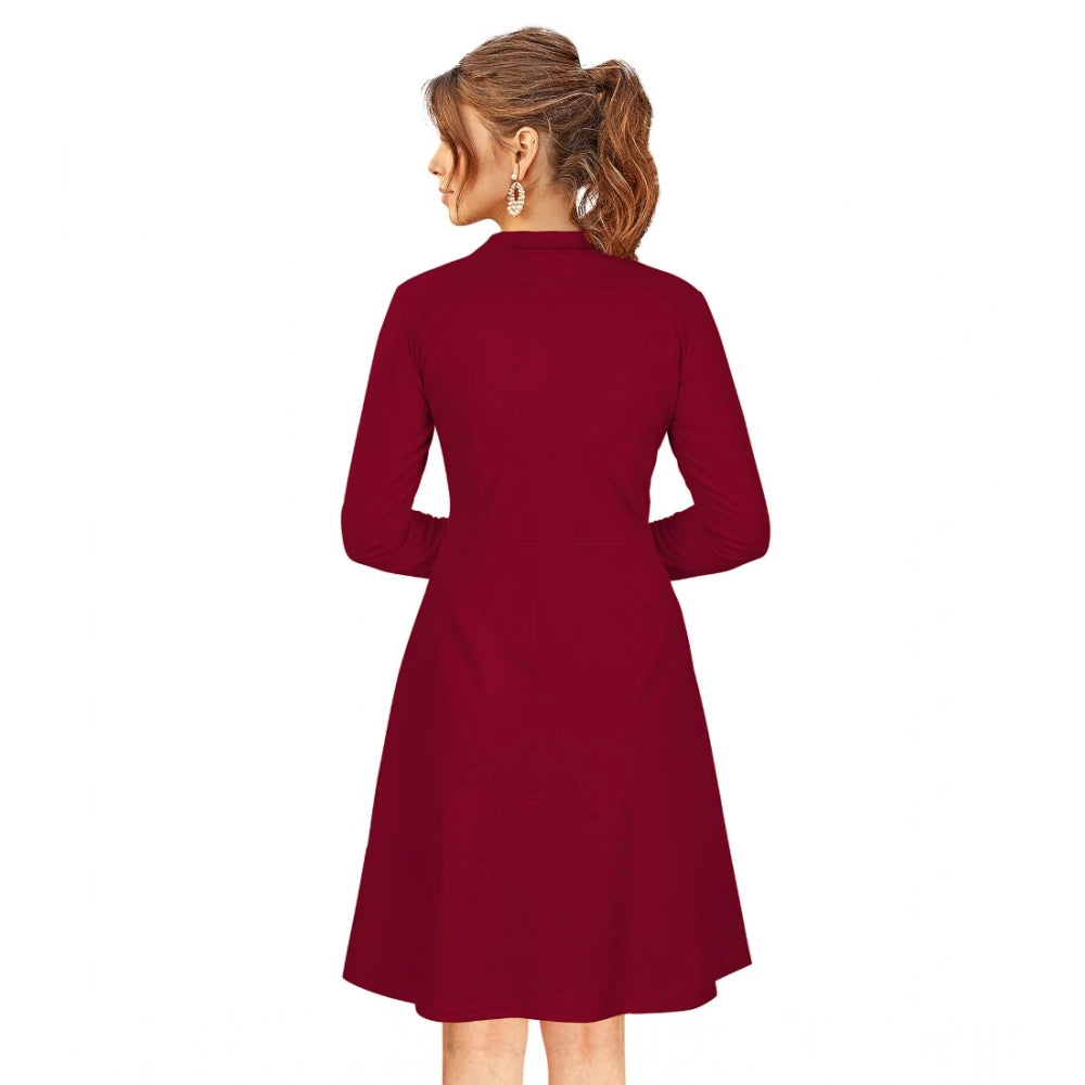 Snuggle Spot Women's Knitting stretchable Solid Round Neck Full Sleeve Dress (Maroon)