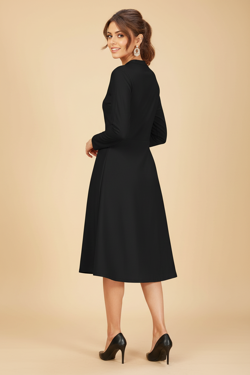 Snuggle Spot Women's Knitting stretchable Solid Round Neck Full Sleeve Dress (Black)