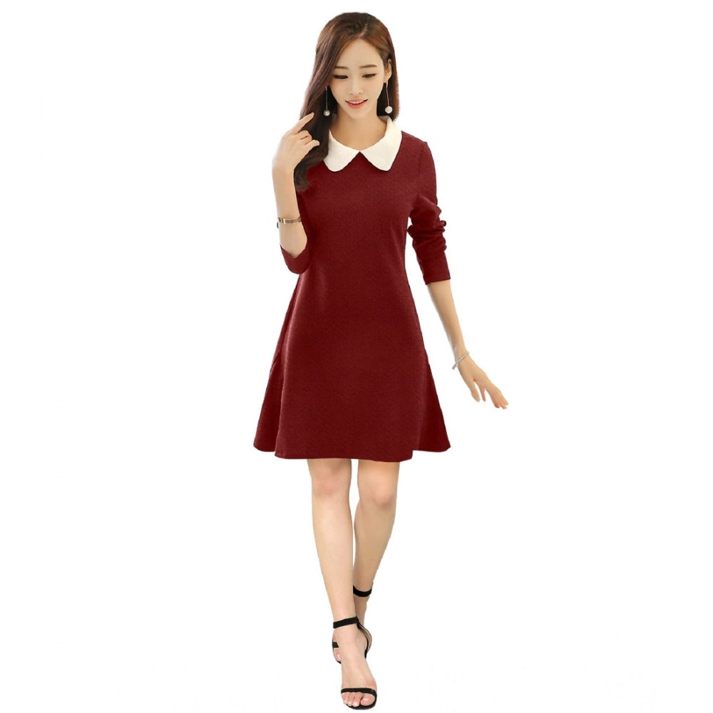 Snuggle Spot Women's Polyester Solid Collar 3-4th Dress (Maroon)