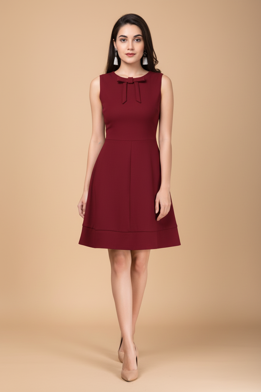 Snuggle Spot Women's Polyester Solid Round Neck Sleeveless Dress (Maroon)