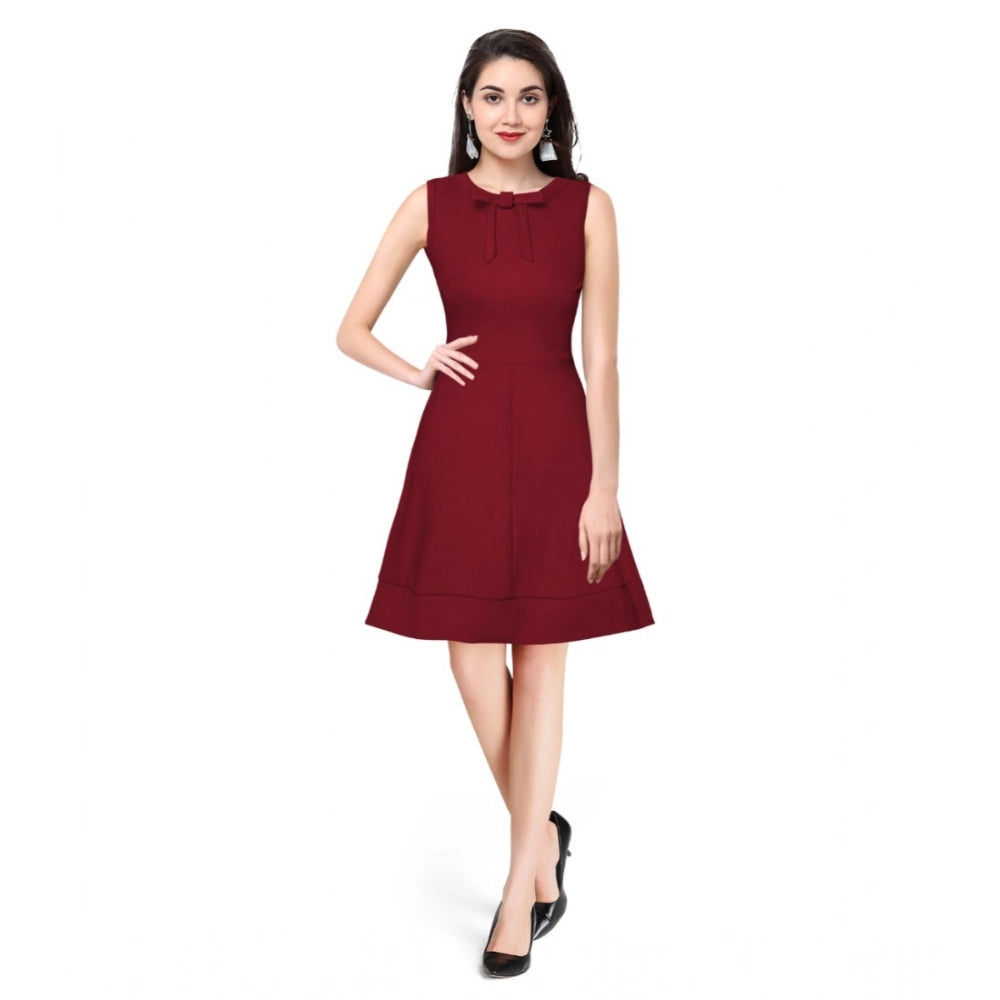 Snuggle Spot Women's Polyester Solid Round Neck Sleeveless Dress (Maroon)