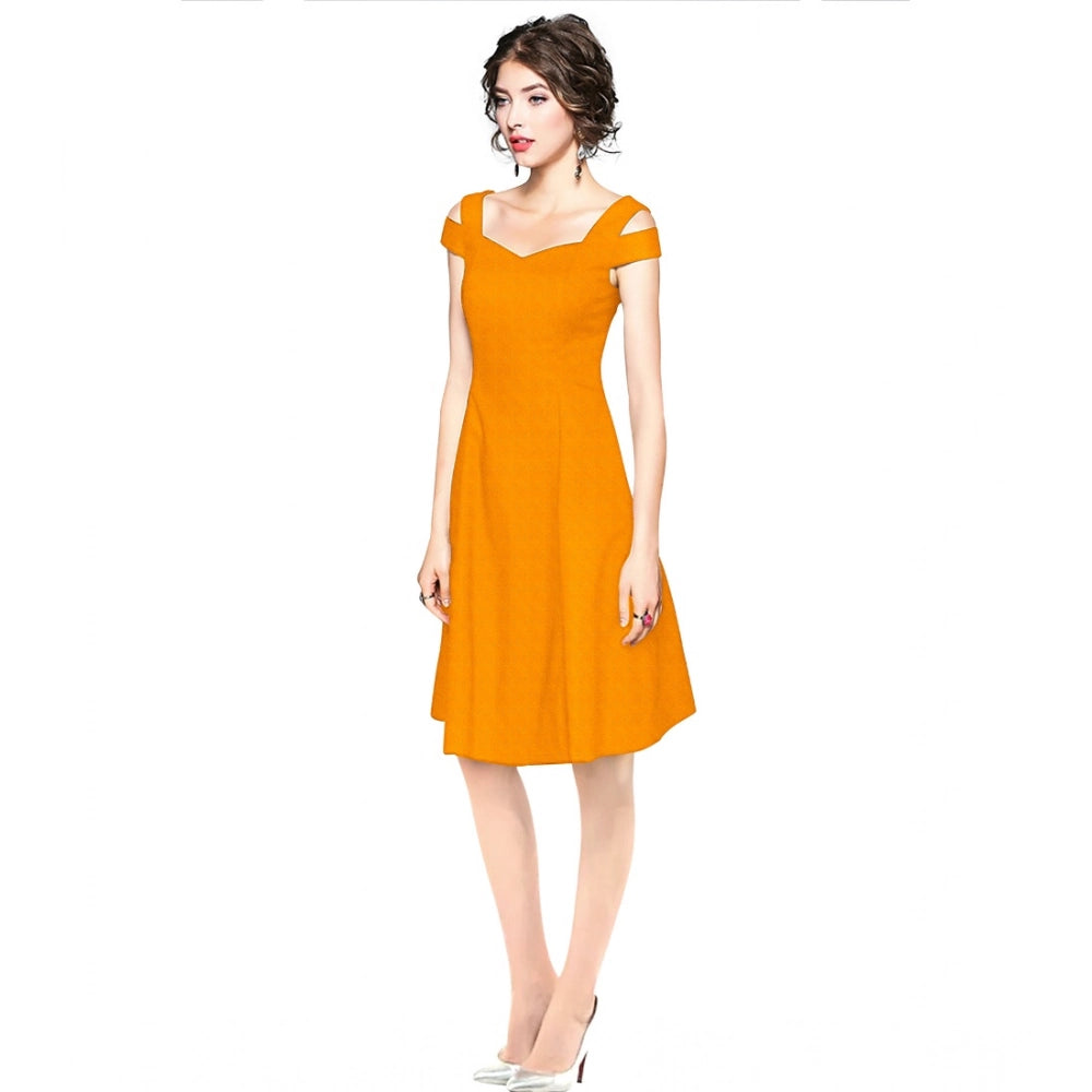 Snuggle Spot Women's Polyester Solid V Neck Cap Sleeve off Shoulder Dress (Yellow)