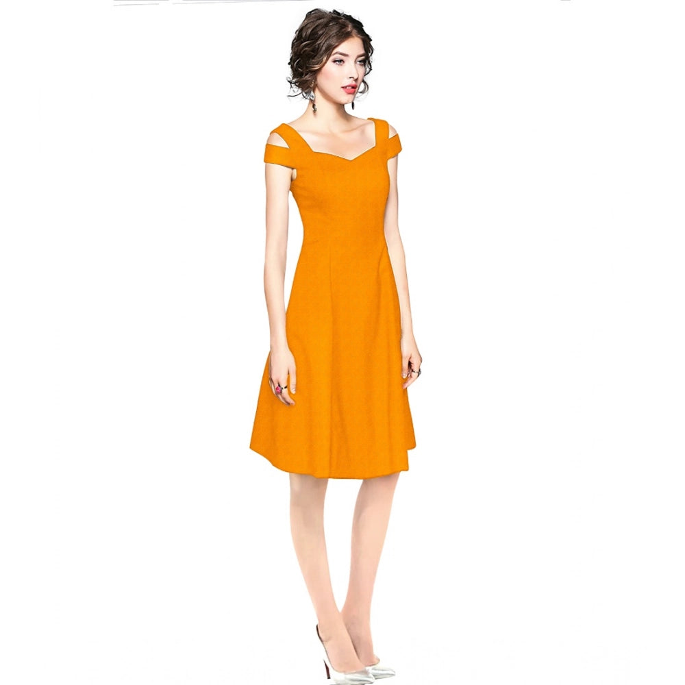 Snuggle Spot Women's Polyester Solid V Neck Cap Sleeve off Shoulder Dress (Yellow)
