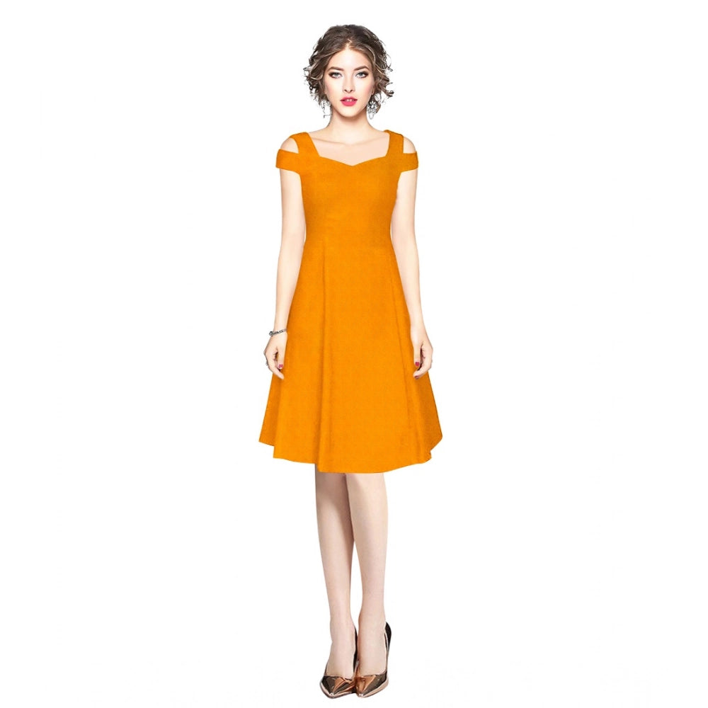 Snuggle Spot Women's Polyester Solid V Neck Cap Sleeve off Shoulder Dress (Yellow)
