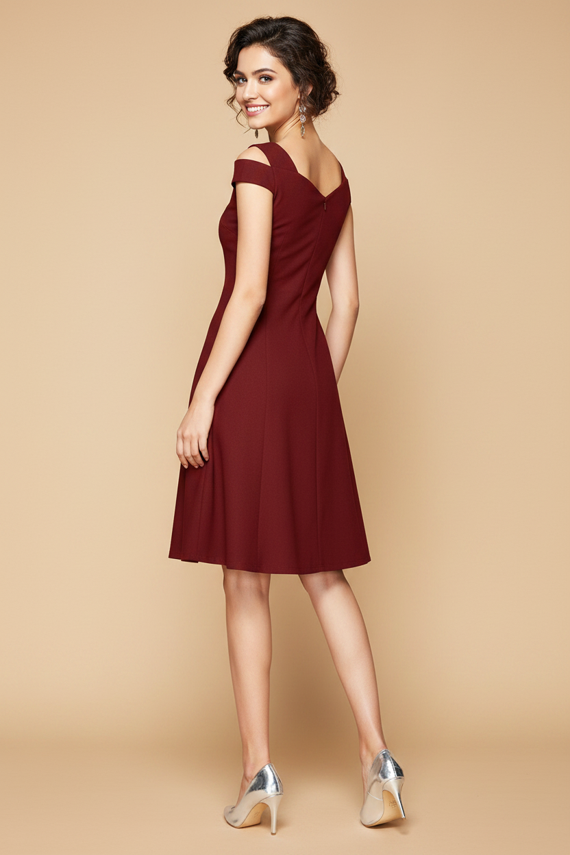 Snuggle Spot Women's Polyester Solid V Neck Cap Sleeve off Shoulder Dress (Maroon)
