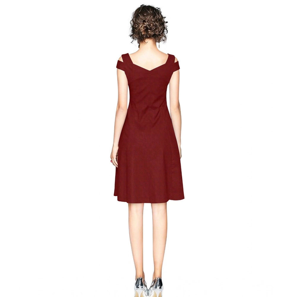 Snuggle Spot Women's Polyester Solid V Neck Cap Sleeve off Shoulder Dress (Maroon)
