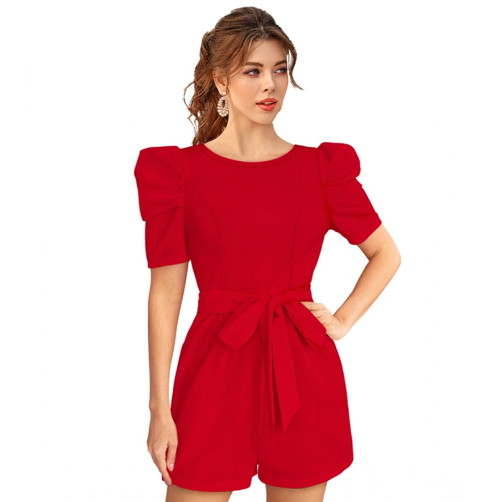 Snuggle Spot Women's Knitting stretchable Solid Round Neck 3-4 Puff Sleeve Dress (Red )
