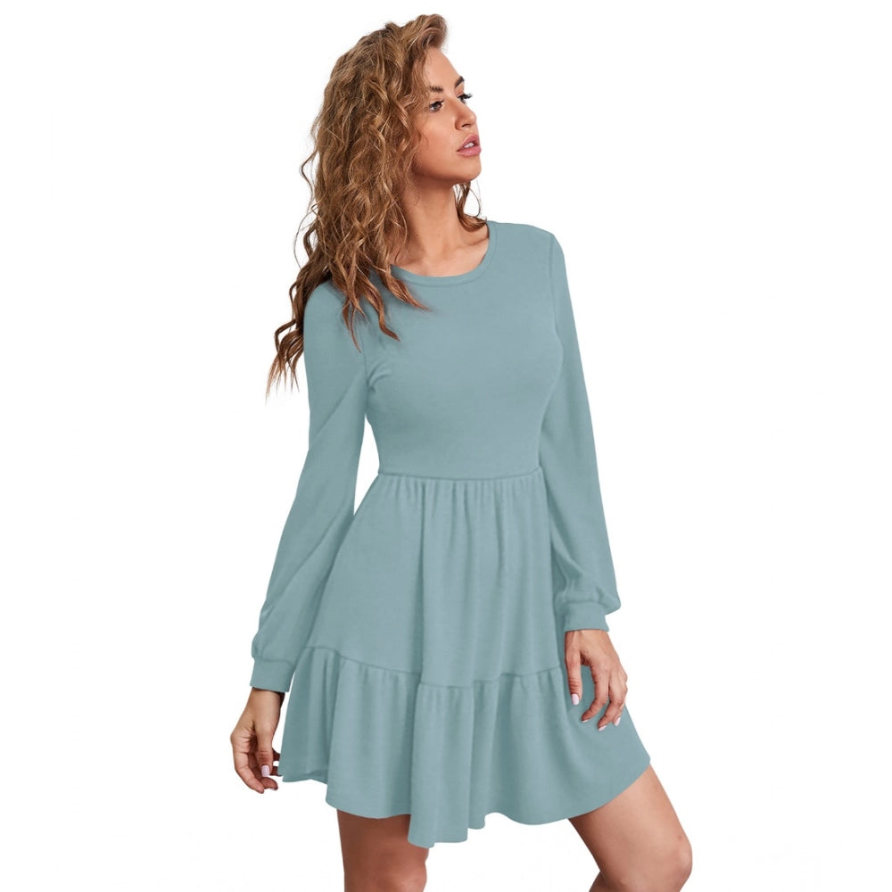 Snuggle Spot Women's Knitting stretchable Solid Round Neck Full Sleeve Dress (Pista)