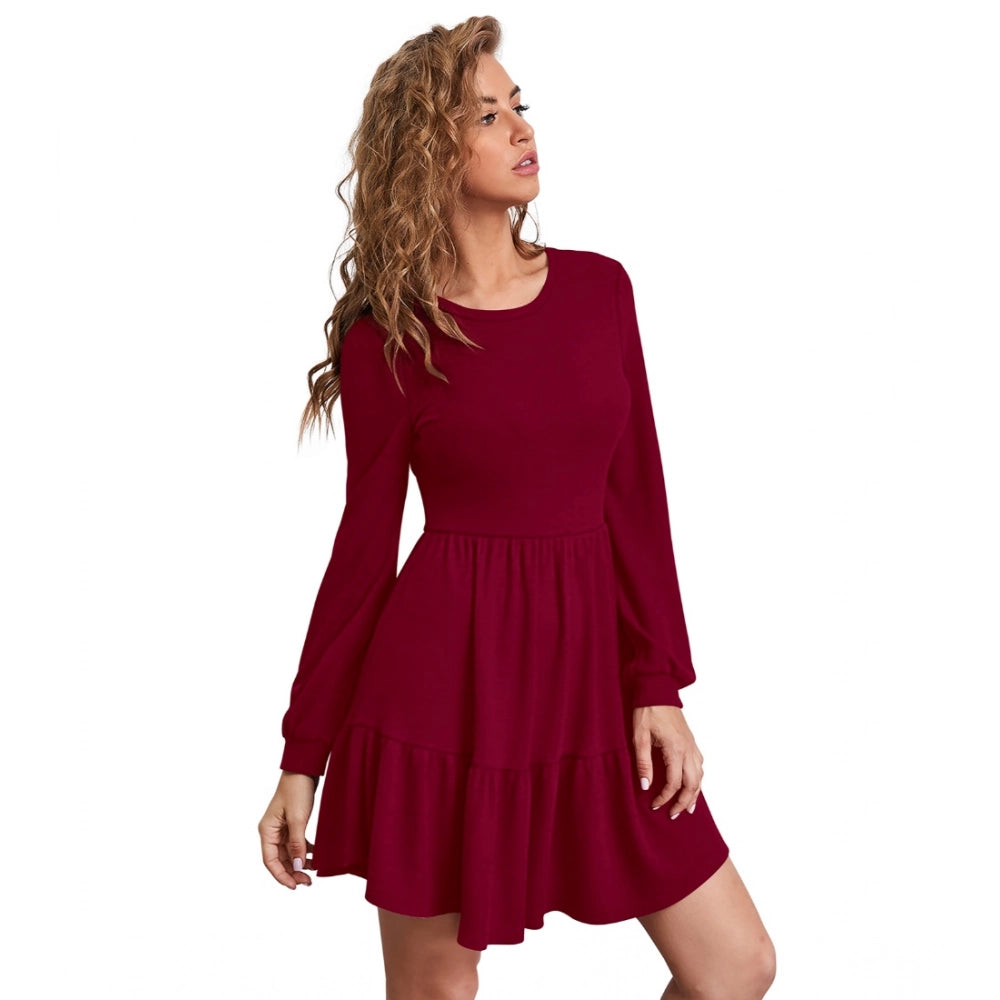Snuggle Spot Women's Knitting stretchable Solid Round Neck Full Sleeve Dress (Maroon)