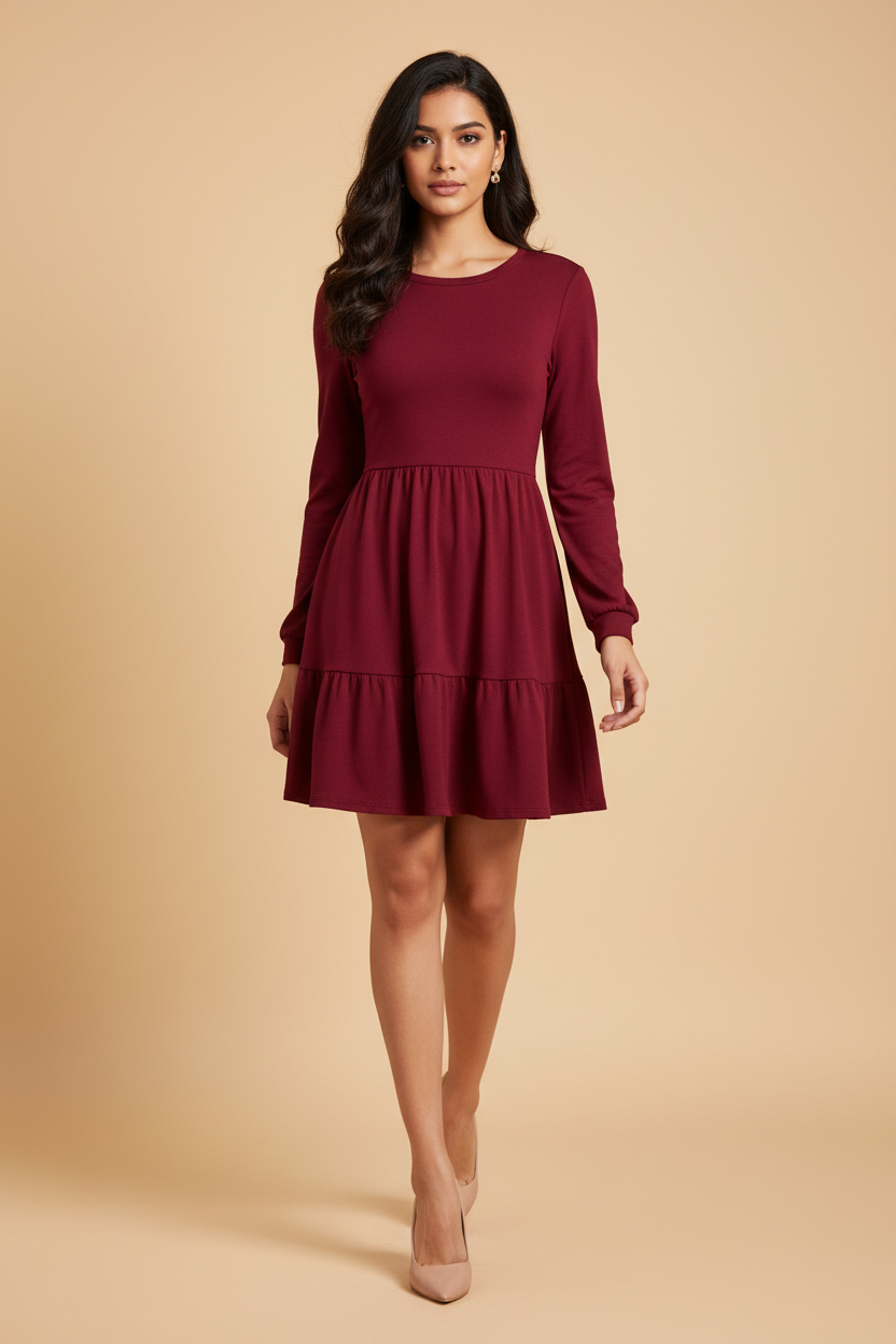 Snuggle Spot Women's Knitting stretchable Solid Round Neck Full Sleeve Dress (Maroon)