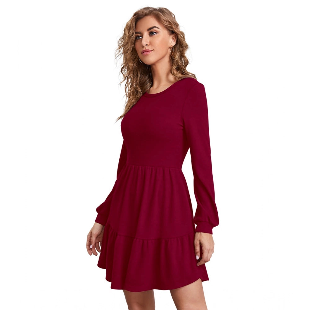 Snuggle Spot Women's Knitting stretchable Solid Round Neck Full Sleeve Dress (Maroon)