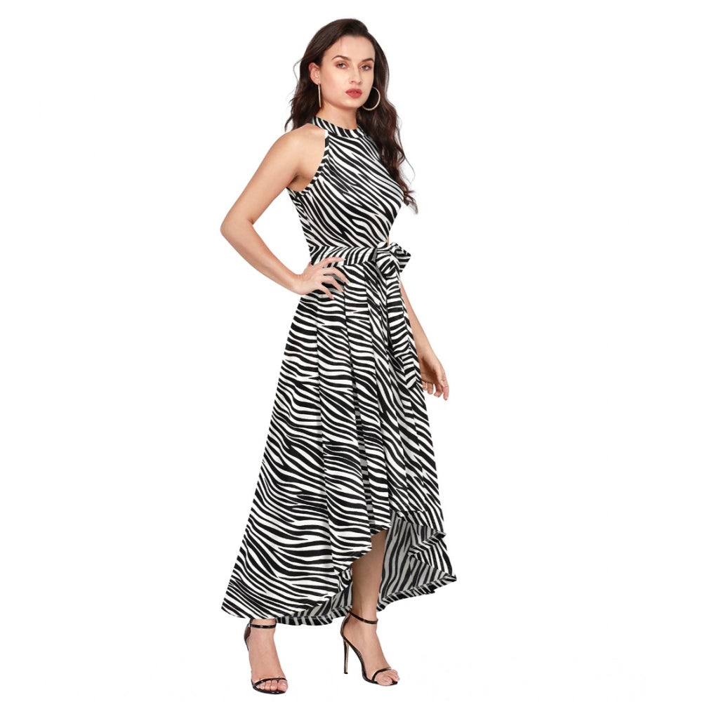 Snuggle Spot Women's Polyester Zebra Pattern Halter Neck Sleeveless Dress (White)