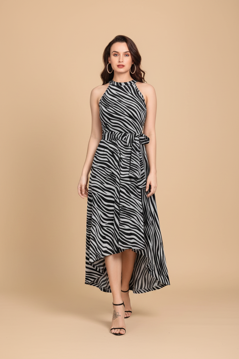 Snuggle Spot Women's Polyester Zebra Pattern Halter Neck Sleeveless Dress (Navy Blue)